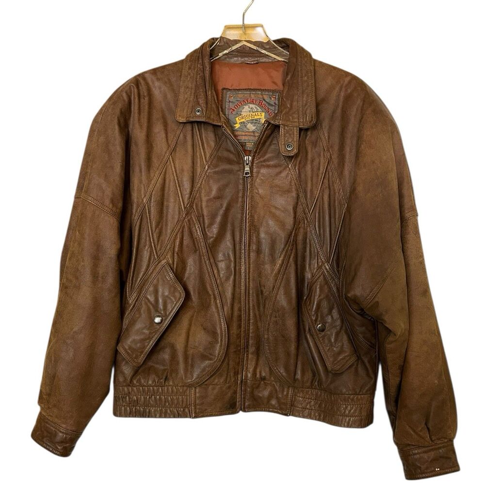 Adventure Bound Mens Brown Leather Bomber Jacket Sz L